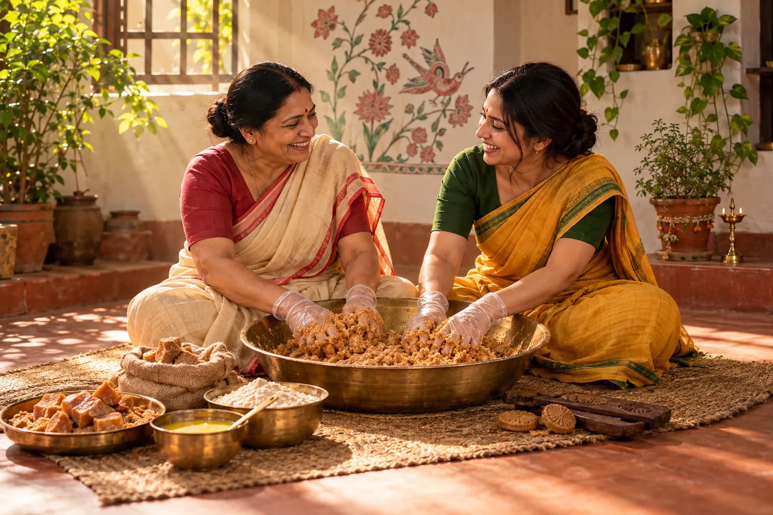 Two women hand-mixing thekua dough in a brass paraat in a sunlit courtyard kitchen
