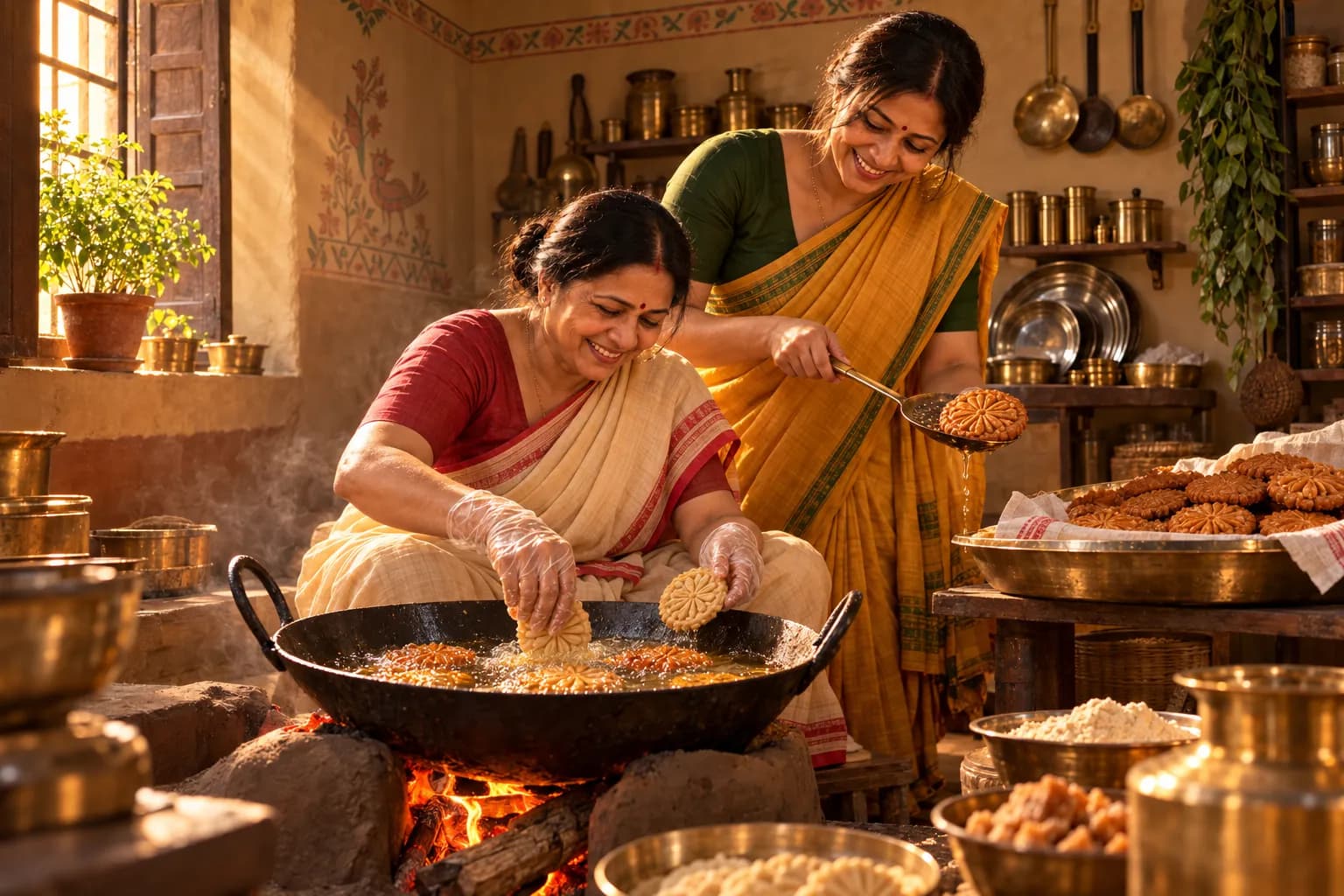 Thekua frying golden in a kadhai of desi ghee